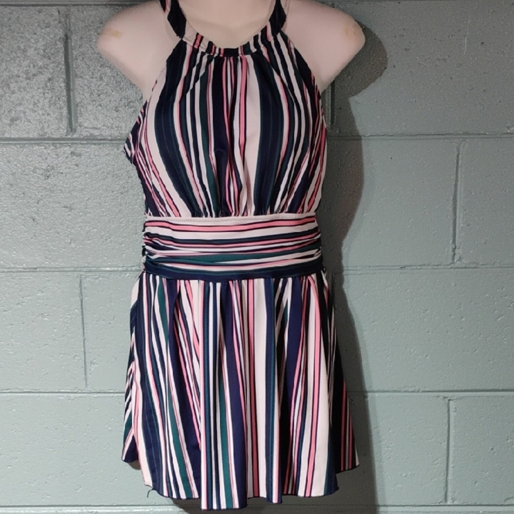 Elegant Striped Halter One Piece Swimsuit - Top Only. Navy, Pink, and White